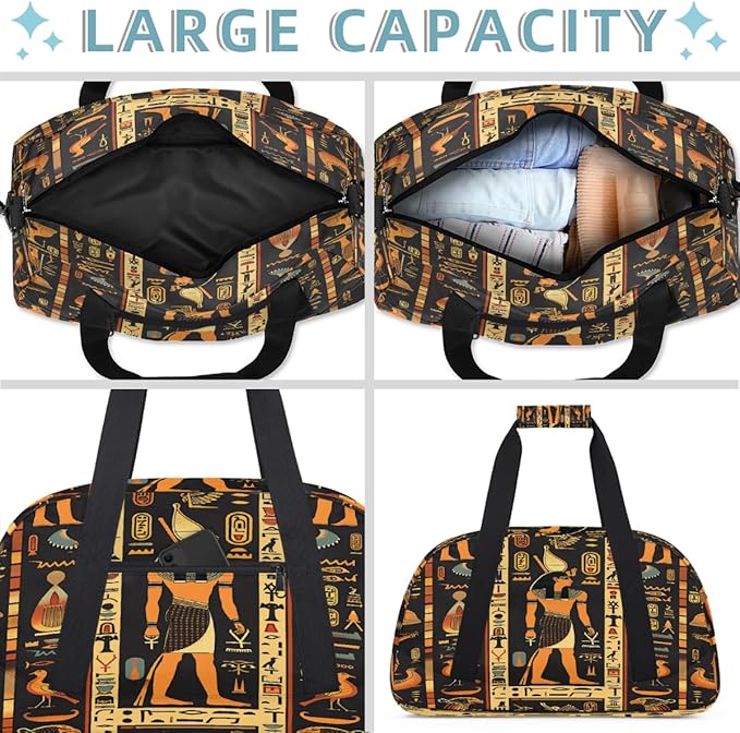 Travel Duffle Bag, Egyptian Hieroglyphs Waterproof Weekender Overnight Bags for Women Men Lightweight Carry on Duffle Gym Bag for Travel, Sports, Fitness, Workout