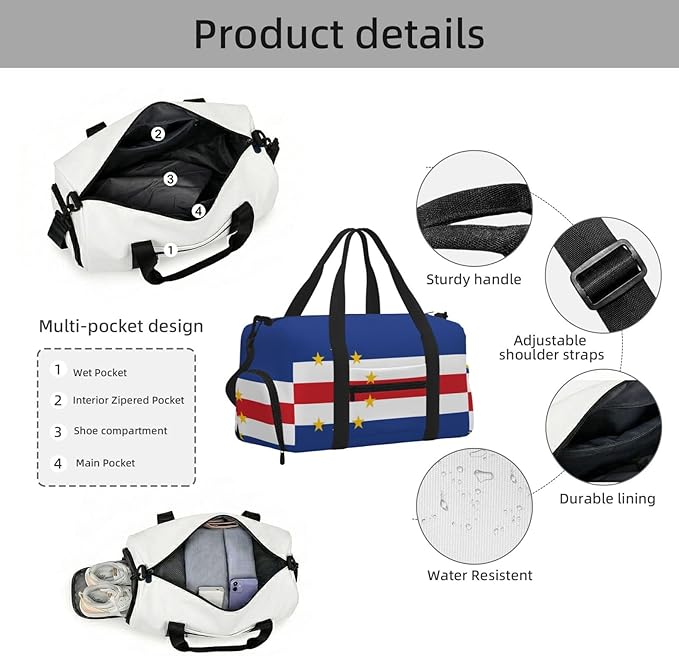 Flag of Cape Verde Print Gym Bag with Shoe Compartment for Women Men, 17.7in Sports Duffle Weekender Tote, Overnight Travel Duffel Bag Carry On