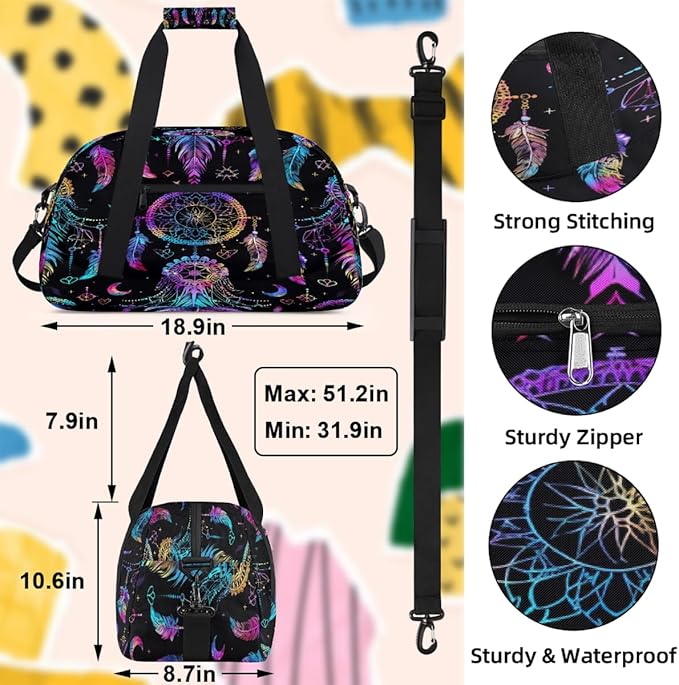 Travel Duffle Bag, Rainbow Dreamcatcher Feather Waterproof Weekender Overnight Bags for Women Men Lightweight Carry on Duffle Gym Bag for Travel, Sports, Fitness, Workout