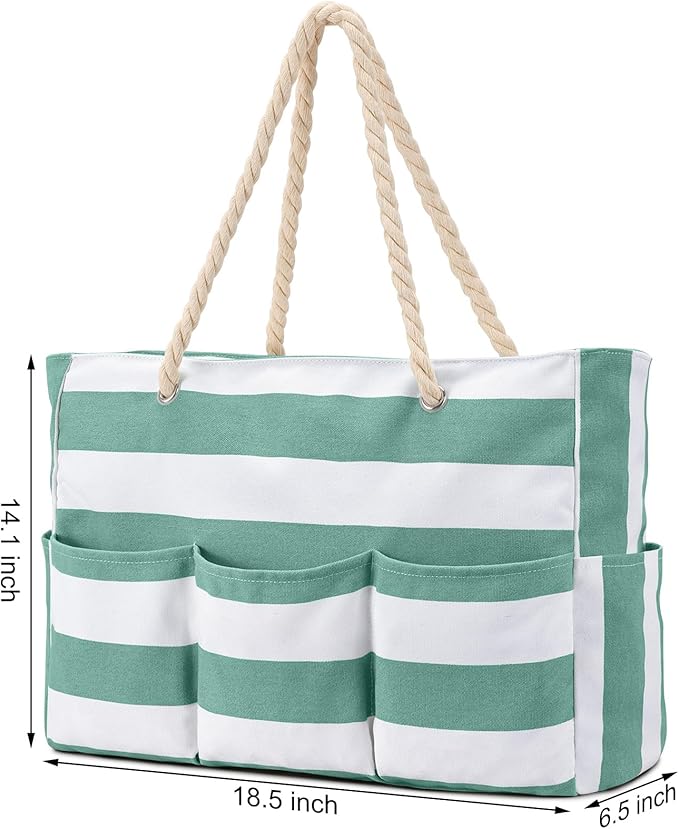 Becokan Beach Bags for Women Canvas Large Beach Tote Bag Zipper Waterproof Sandproof Foldable Swim Pool Bag with 7 Pockets