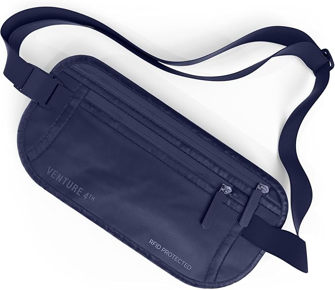 VENTURE 4TH Money Belt for Travel – Hidden Under-Clothes RFID Blocking Passport Holder & Slim Travel Wallet Pouch for Men & Women to Protect Cash, Cards & Documents (Sleek Navy Blue)
