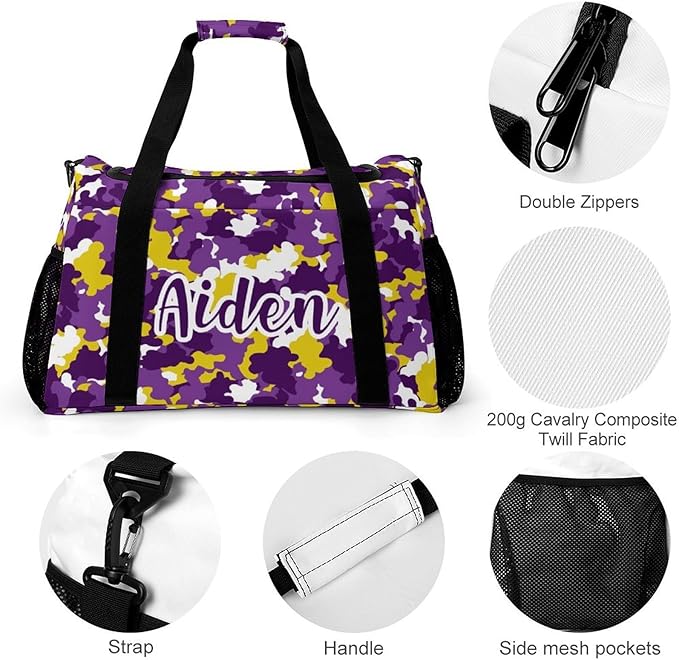 Purple Gold Camouflage Camo Pattern Crossbody Bag Customized Duffel Bags (Store Shoes) Weekender Overnight Bag Travel Bag Personalized Gift Gym Bags