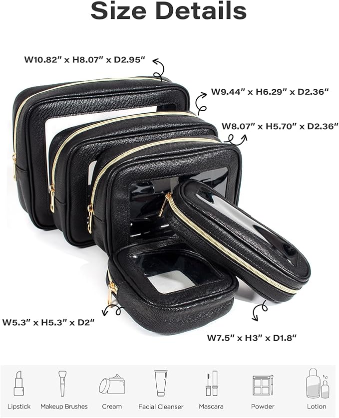 5Pcs Diaper Bag Organizer Pouch Set, Waterproof Travel Clear Makeup Bag Set for Women Small Toiletry Bag Travel Packing Organizer Bags Cosmetic Case with Zipper Compact Car Organizer Bag (Black Set)