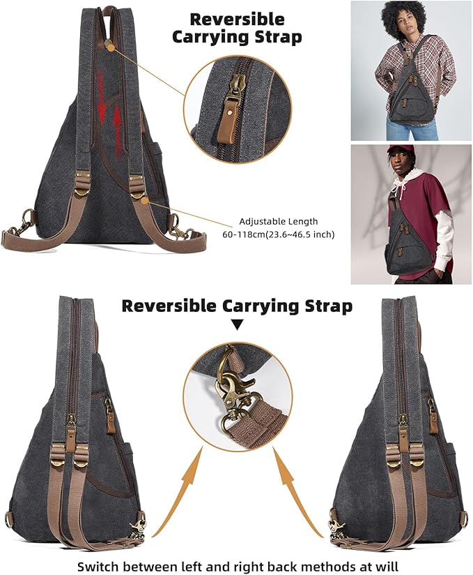 KL928 Canvas Sling Bag - Small Crossbody Backpack Shoulder Casual Daypack Rucksack for Men Women(Large Version,Black)