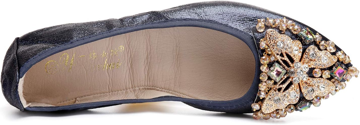 Womens Ballet Flats Foldable Rhinestone Pointed Toe Comfortable Slip on Wedding Flat Shoes Dress Flats for Women