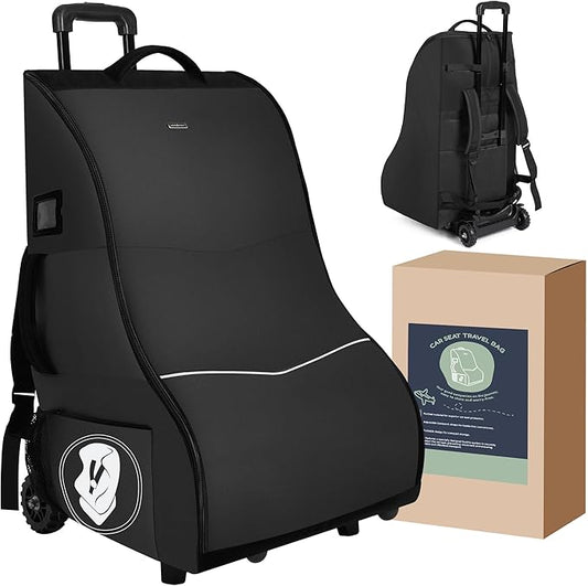 Rolling Car Seat Travel Bag with Wheels – Car Seat Backpack Transport Case for Airplane Travel, Fits Convertible & Booster Seats, Protective Storage Cover, Black