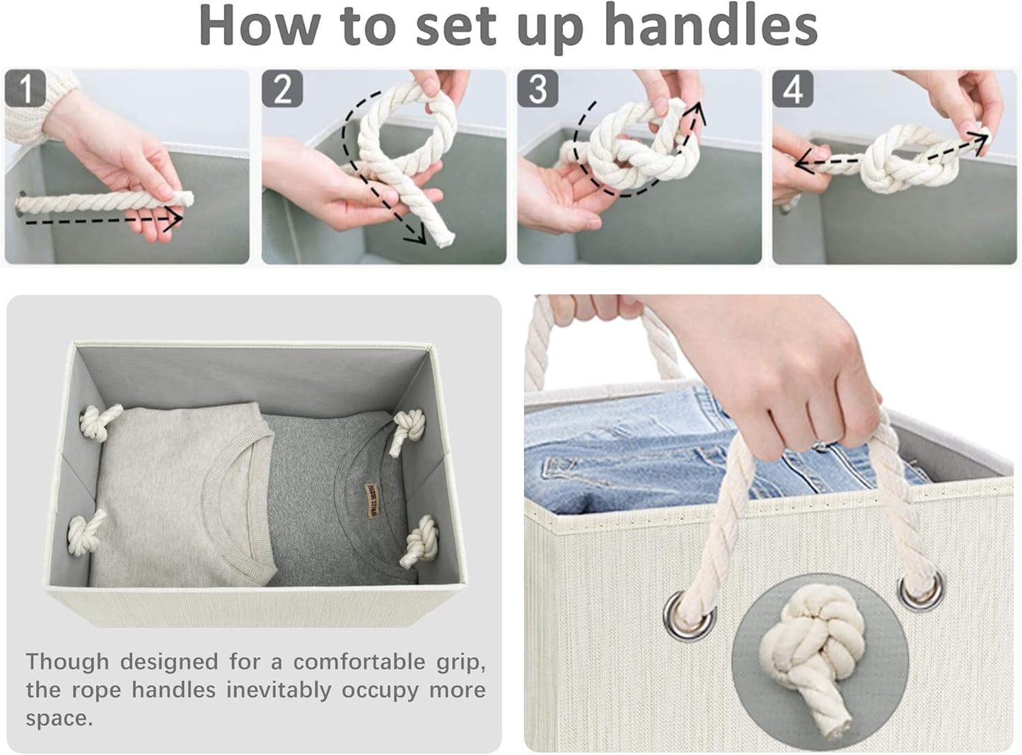 StorageWorks Storage Bins with Lids, Decorative Storage Boxes with Lid and Soft Rope Handles, Foldable Storage Baskets for Closet, Shelves, Stackable, 3-Pack, Ivory and White, Large