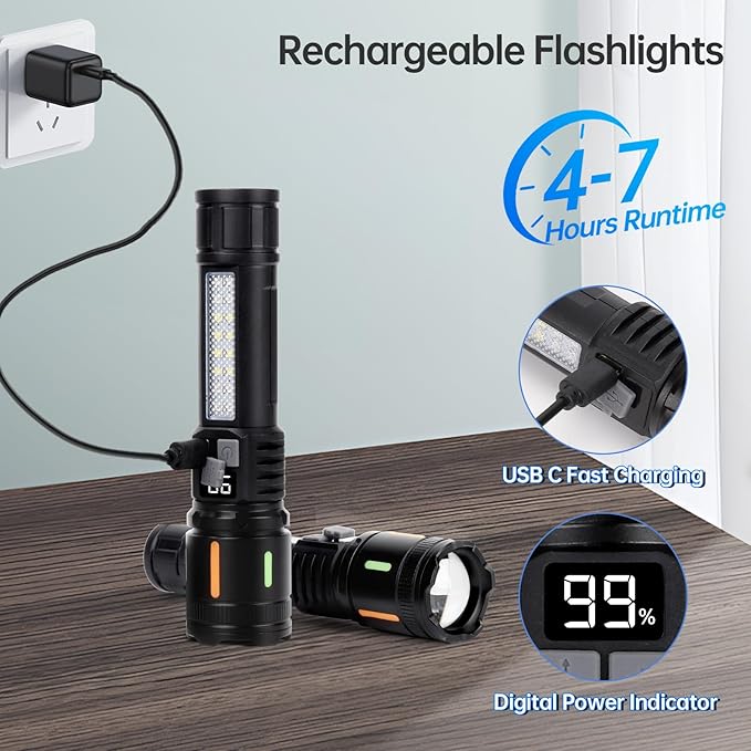 Rechargeable Flashlights High Lumens 900,000L (2 Packs), 5 Modes Super Bright Led Handheld Flash Light Battery Powered with COB Side Light, USB C Charging, Power Display, Waterproof, Zoomable Beam
