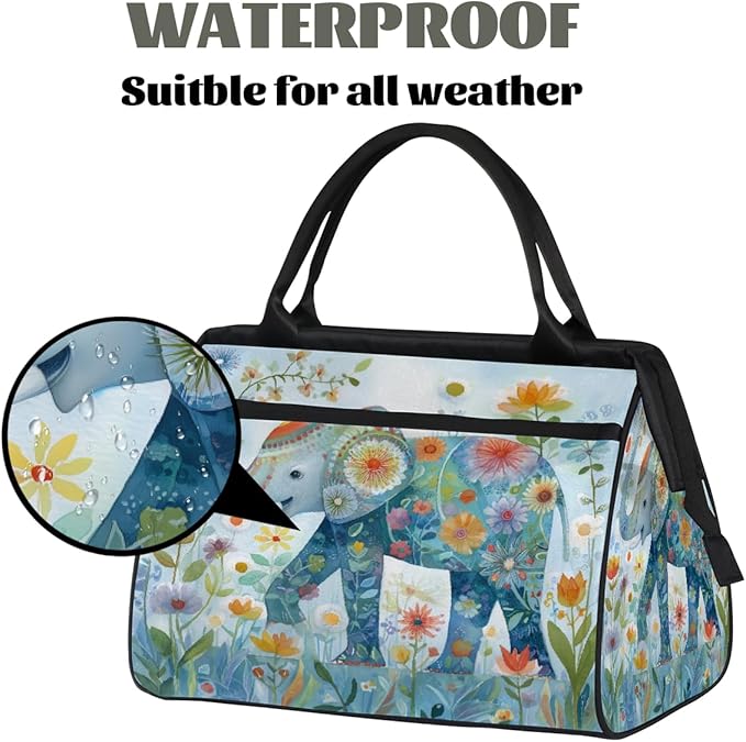 Gym Bag for Women Men, Floral Elephant Art Sports Duffel Bags, Waterproof Travel Weekender Overnight Carry On Tote Bags for Travel Sports