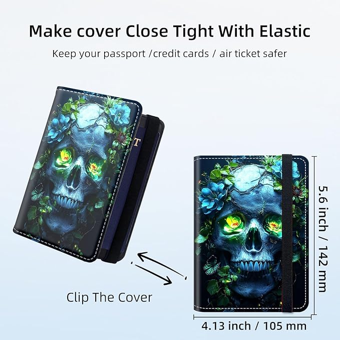 Passport Holder for Travel, RFID Blocking Passport Holder Travel Walle, Passport and Vaccine Card Holder, Vacation Must Haves Travel Accessories for Men Women, Skull Green Flowers