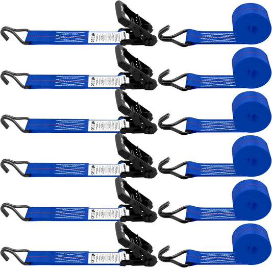 6 Pack 2 inch Ratchet Straps Heavy Duty J Hook 2 in x 15ft with Strong Ratcheting, Cargo Load Tie Down Strap 2200lbs Working Load for Trucks Blue