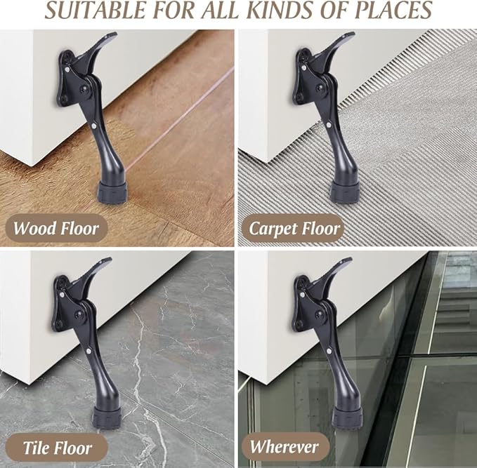 Kickdown Door Stopper 4Inches - One Packs One Touch Adjustable Height Door Stop for The Bottom of Door The Bottom of Door Aluminum Alloy Metal Door Stopper with Rubber Tip Black