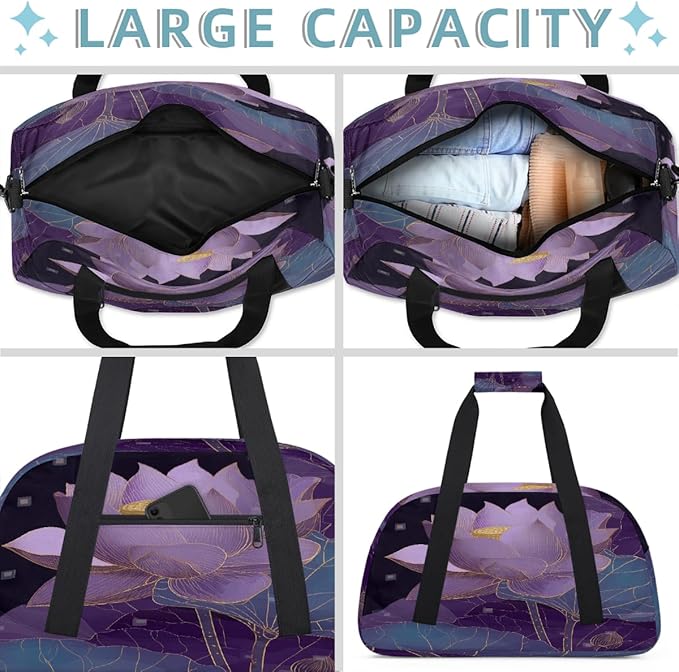 Kids Duffle Bag Girls Boys Bohemian Purple Lotus Floral Weekender Overnight Bag,Lightweight Duffel Bags for Traveling Gym Sport Dance