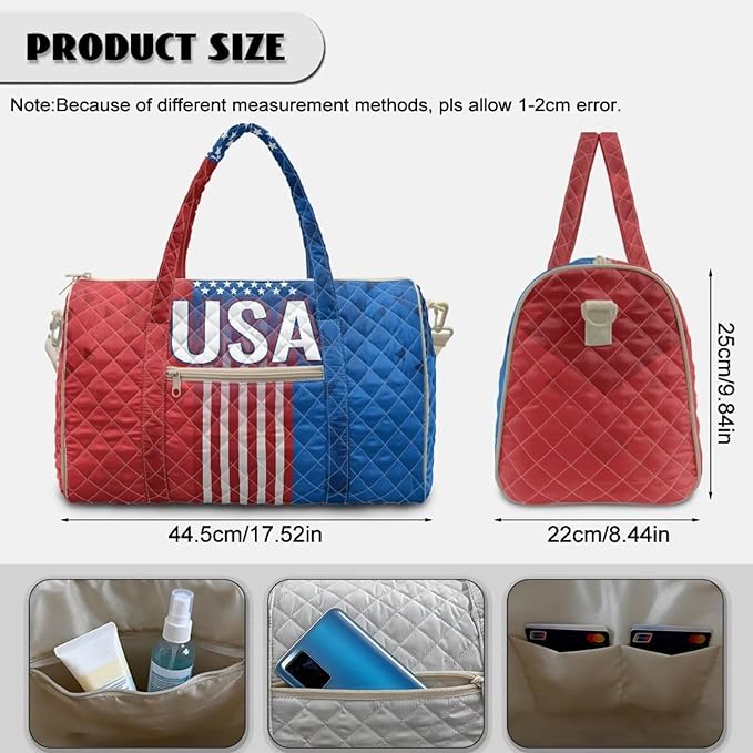 COEQINE American Flag Quilted Duffle Bag for Women Men Travel Red Blue USA Overnight Weekend Gym Carry On Luggage Bag Adjustable Shoulder Strap & Top Handle