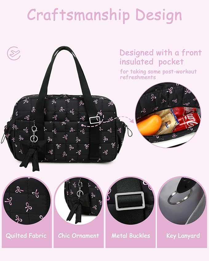 CAMTOP Mini Gym Bag for Women, Small Gym Tote Bag Puffy Quilted Sports Duffel Bag with Wet Compartment and Coin Purse Duffel Bags Dance Yoga Workout Bag for Gifts (Black Bow, Medium-16")