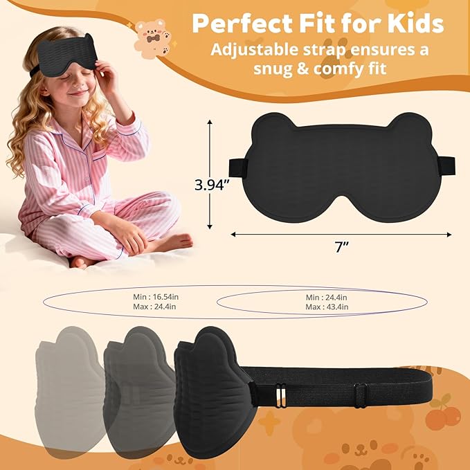 3D Kids Sleep Mask – Cute Bear Eye Mask for Sleeping, Comfortable Memory Foam Sleep Mask for Kids, Adjustable Strap and Lightweight Sleeping Mask for Boys Girls Teens Ages 5-15 (Black)