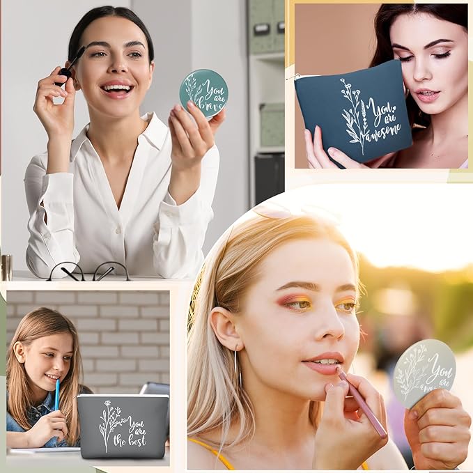 40 Pcs Employee Appreciation Gifts For Women Inspirational Canvas Makeup Bags Portable Compact Mirror Bulk Cosmetic Bags Thank You Gifts for Social Worker Coworkers (Botanical,Vintage)