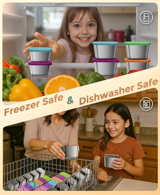 3 Pack 6oz Stainless Steel Snack Containers and 3 Pack 2oz Salad Dressing To Go Containers with Silicone Lids, Reusable Square Meal Prep Condiment Sauce Containers Lunch Box Accessories