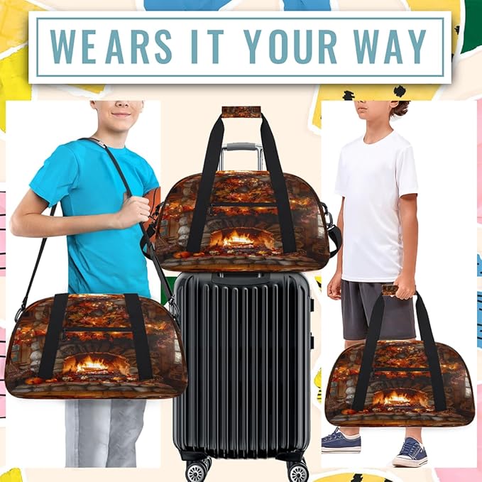 Travel Duffle Bag for travel duffle bag sports Girls Boys Kids Autumn Fall Fireplaces Lightweight Overnight Sleepover Weekender Bags Small Dance Gym Sport Bag Teens Carry-On Size Workout Bag