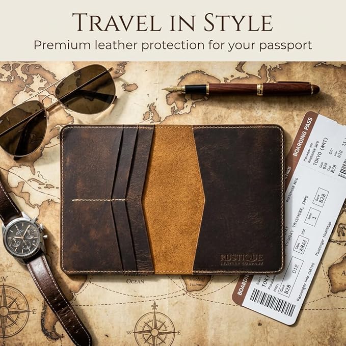 Rustique Leather Passport Holder Collection - Handmade Travel Wallet & Organizer - Full Grain Crazy Horse Leather Covers for Men & Women (Multiple Styles) (Standard Passport Cover - Tobacco & Honey)