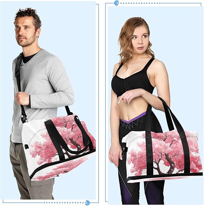 Travel Duffel Bags for Women Vibrant Pink Cherry Blossom Tree Sports Duffel Bags Gym Bags with Shoes Compartment Tote Bag Weekender Bag for Travelling