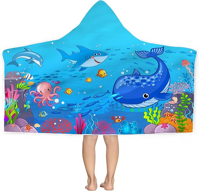 Bonsai Tree Blue Sea World Hooded Beach Towel for Kids, Cute Bath Towel with Hood, Boy Microfiber Super Absorbent Soft Poncho Bathrobe for Swin Pool 30”x50”