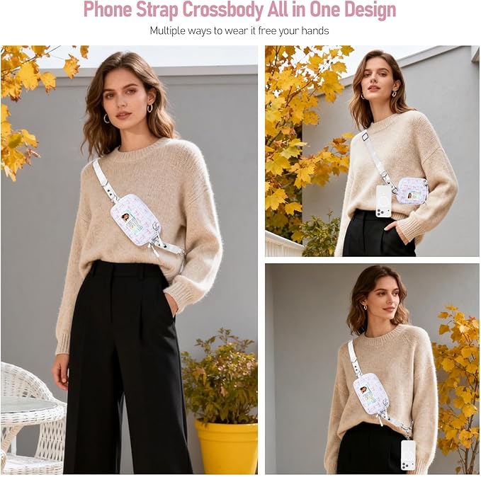 Clip and Go Strap for Phone with Wallet Crossbody Phone Lanyard and Detachable Checkered Bag with ID Window and RFID Pouch for Daily Travel. Bow
