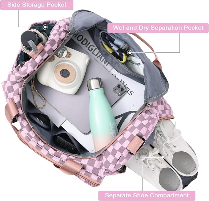 WOOMADA Foldable Travel Duffel Bag with Shoes Compartment, Overnight Bag with Wet Pocket & Trolley Sleeve, Weekender Bags for Women (pink checkerboard)