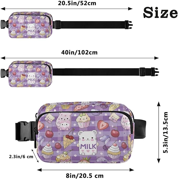 Kawaii Cat Bear Milk Cake Plaid Fanny Pack for Women Men Water Resistant Fashion Waist Packs with Adjustable Strap Belt Bag for Travel Workout Jogging Hiking 21219473