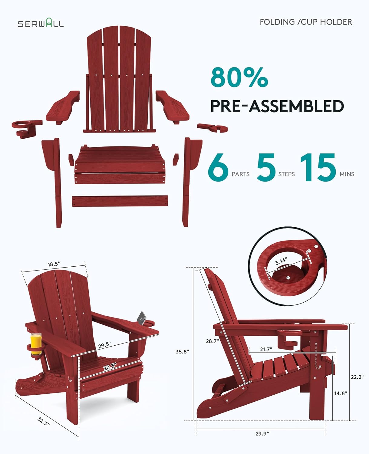SERWALL Adirondack Chair with Cup Holders - Composite Adirondack Chairs Set of 4 HDPE Outdoor Chairs All Weather Use- Dark Red