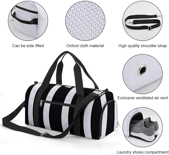 Stripes Black White Gym Bag Lightweight ，Travel Duffle Bag with Shoe Compartment，Gym Bag for Women for Overnight, Weekend, Yoga, Gym, Business Trips, Sport And Hospital.