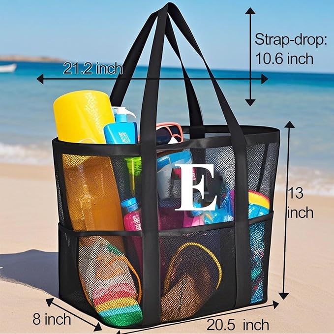 Personalized Mesh Beach Bag for Women - Waterproof Initial Tote Bag for Family Travel, Toys, Vacation Essentials