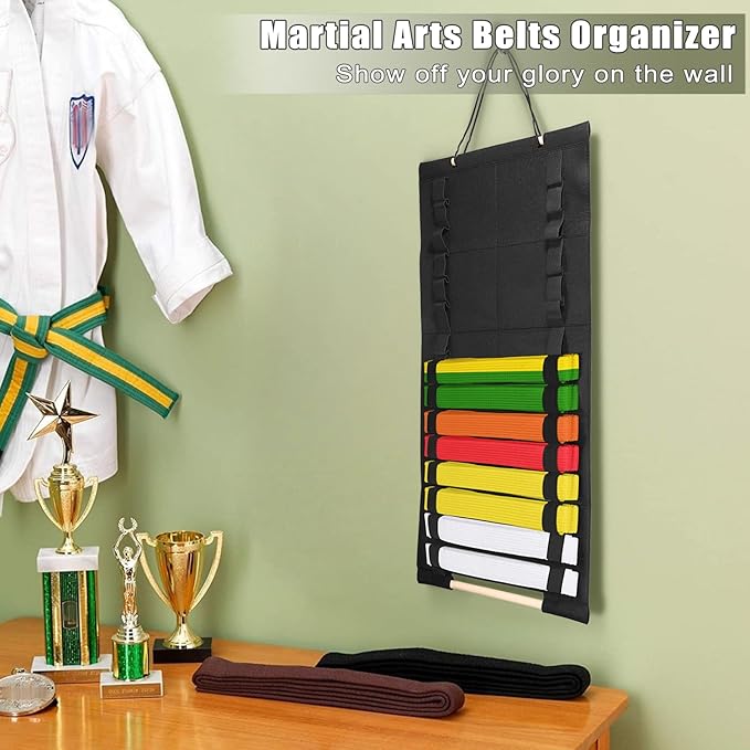 Karate Belt Display Rack, Taekwondo Belt Display Holder with Bamboo Medal Rack, Jiu Jitsu Belt Hanging Holder, Felt Martial Arts Belts Organizer for Taekwondo, Karate, BJJ Learners
