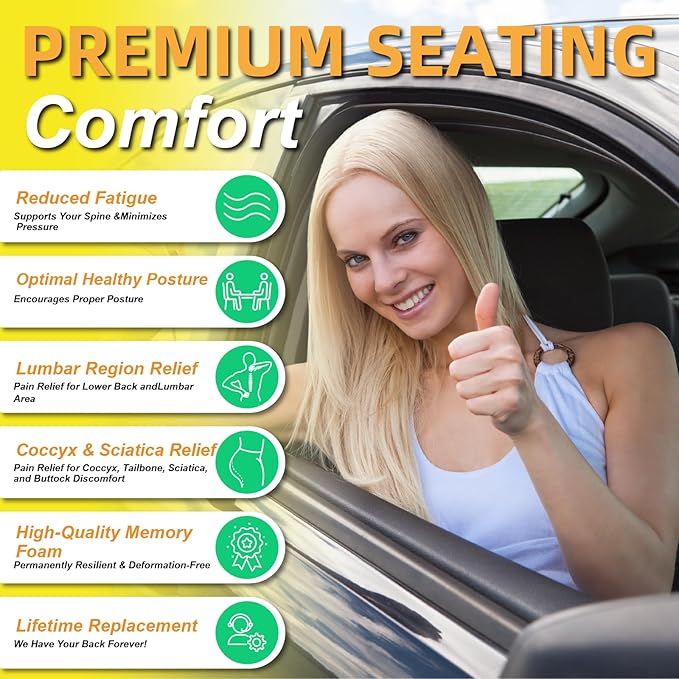 kingphenix Car Seat Cushion with Back Support Pillow: Enhanced Comfort Memory Foam Design for Pain Relief, Ideal for Drivers and Office Use - Ergonomic Lumbar Comfort for Long Sitting - Dark Grey