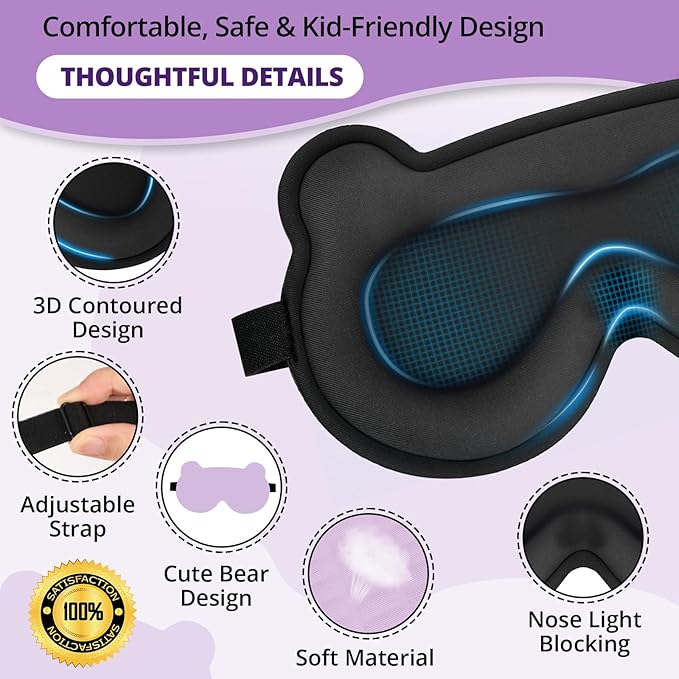 Kids Sleep Mask, 3D Sleeping Eye Mask for Kids with Adjustable Elastic Strap, Bear Shape Eye Cover with Memory Foam, Soft & Light-Blocking, Gift for Boys Girls Teens Age 5–15 (Purple)