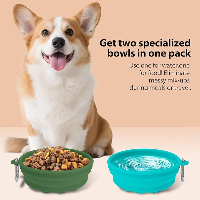 2-Pack Collapsible Dog Bowls with Suction Cups & Scraper - 16oz Travel Pet Bowls for Food/Water, Non-Slip Feeding Dish for Dogs, Includes Carabiner Clip Cyan-Olive Green