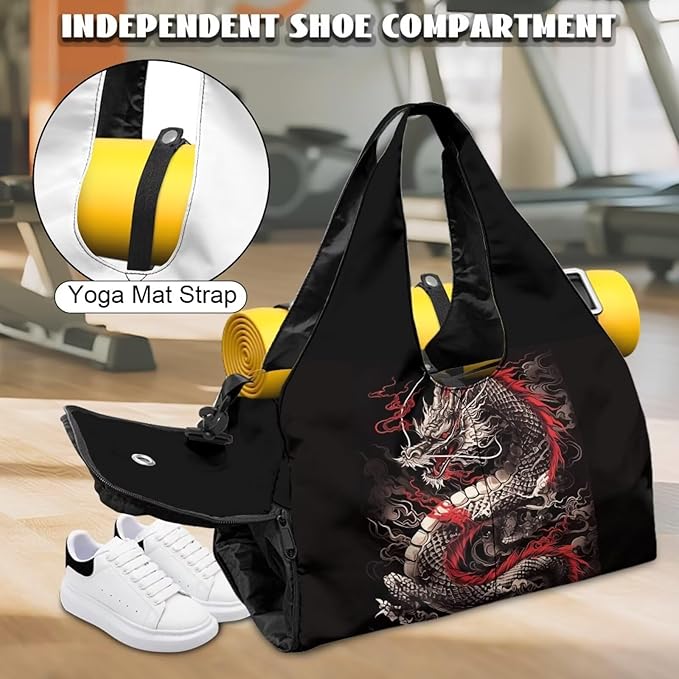 Dragon Gym Bag Sports Duffel Bag for Men Large Capacity Gym Bag with Shoe Compartment and Yoga Mats Holder Waterproof Workout Bag with Shoulder Strap for Sports Travel Weekender