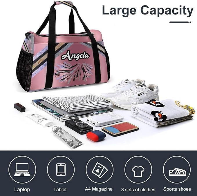 Personalized Sports Bag Name Duffel Bags with Adjustable Shoulder Strap Pink Cheer Rose Red Cheerleaders Travel Bags Perform Training Weekender Bag