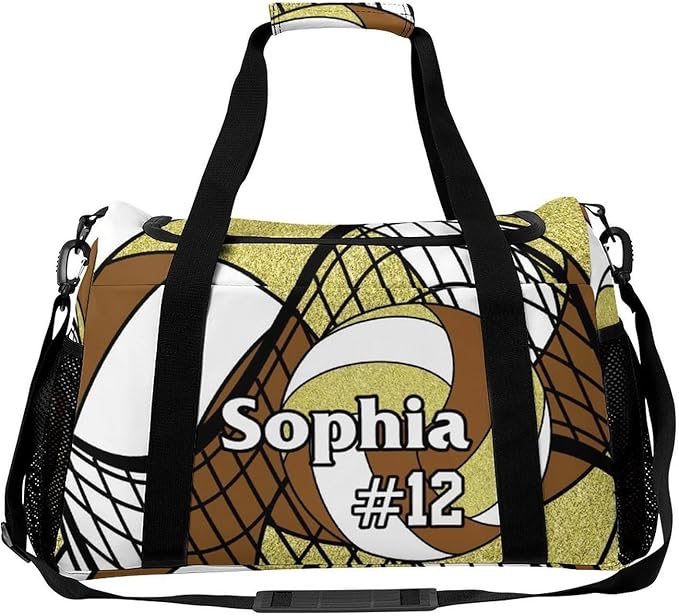 Custom Volleyball Brown Gold Duffel Bag with Name Personalized Travel Bags Sport Gym Bag Carry On Weekender Bags for Men Women