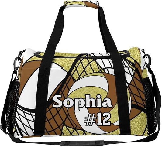 Custom Volleyball Brown Gold Duffel Bag with Name Personalized Travel Bags Sport Gym Bag Carry On Weekender Bags for Men Women