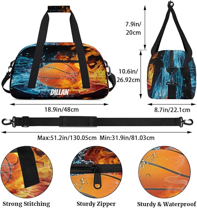 Custom Name Sports Bag for Kids Boys, Personalized Gym Duffel Fitness Travel Weekender Tote Carry-On Training Perform Bag Soccer Fire