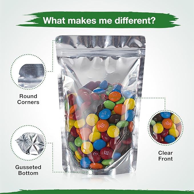 BELLE KR® 4x6 Mylar Bags for Food Storage with 7.5mil Thick - Pack Of 300 - Stand Up Clear Mylar Bags with See Through Window - Small 1/2 Pint Pouches for Freeze Dried Candy - Labels Included