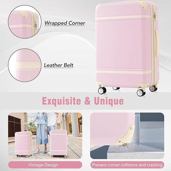 Merax 24 Inch Checked Luggage, Expandable Suitcase with Spinner Wheels, Hard Shell Vintage Luggage Set with TSA Lock(Light Pink)