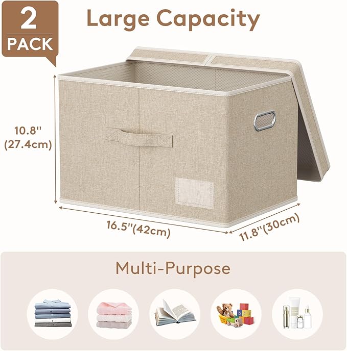 Lifewit Clothes Storage Bins with Lids, Fabric Foldable Storage Boxes with Handles, Decorative Closet Organizer, Stackable Cube Baskets Container for Bedroom, Office, 34.5L Large Beige, 2 Packs