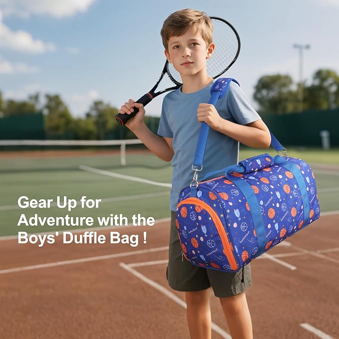 Bagseri Boys Duffle Bag for Travel - Kids Gym & Sports Bag with Shoe Compartment & Water Resistant Wet Pocket, Weekender for Camping & Sleepover (Blue Basketball)