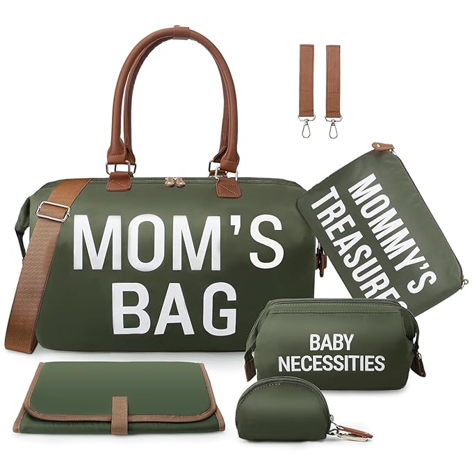 printe 6pcs Large Diaper Bag Tote with Changing Pad & 2 Organized Pouches, Mom's Bag for Hospital with Pacifier Case, Straps, Stroller Hook, Baby Diaper Bag for Weekender Travel, Olive Green