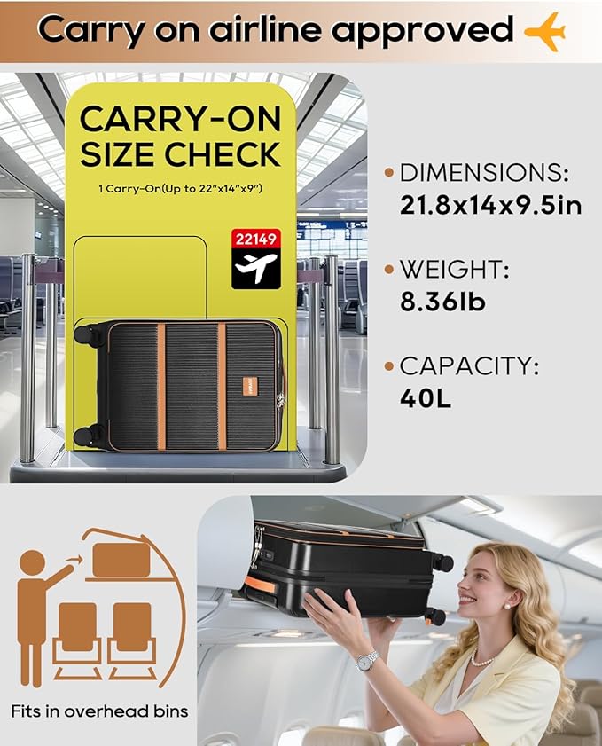 Joyway Carry on Luggage Airline Approved with Front Pocket, Hard Shell 20 Inch Travel Luggages with Cup Holder, Carry-on Suitcase with Spinner Wheels for Men and Women (Black, 3 Piece Set (20/bag))