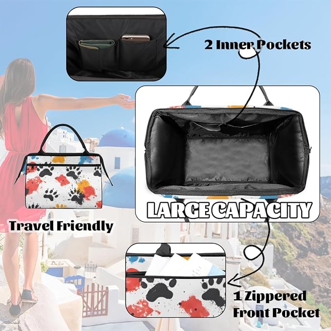 Cartoon Dog Cat Pawprints Overnight Weekender Bag for Women Men Travel Duffel Bags Waterproof Luggage Carry on Sports Yoga Gym Bag