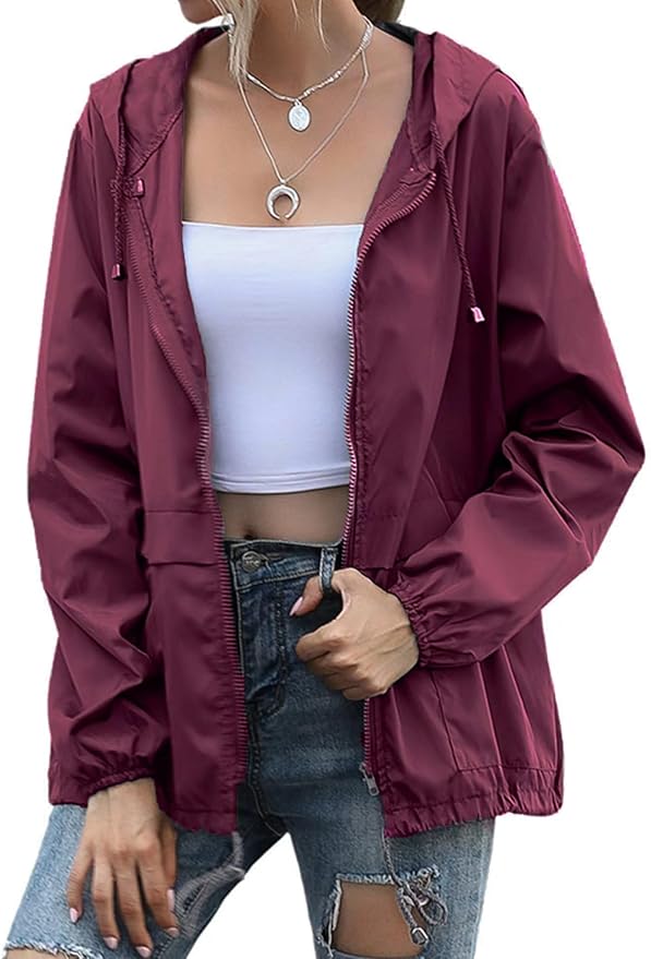 Women's Raincoats Lightweight Waterproof Windproof Adjustable Windbreaker Rain Jackets Hooded with Pockets S-XXL