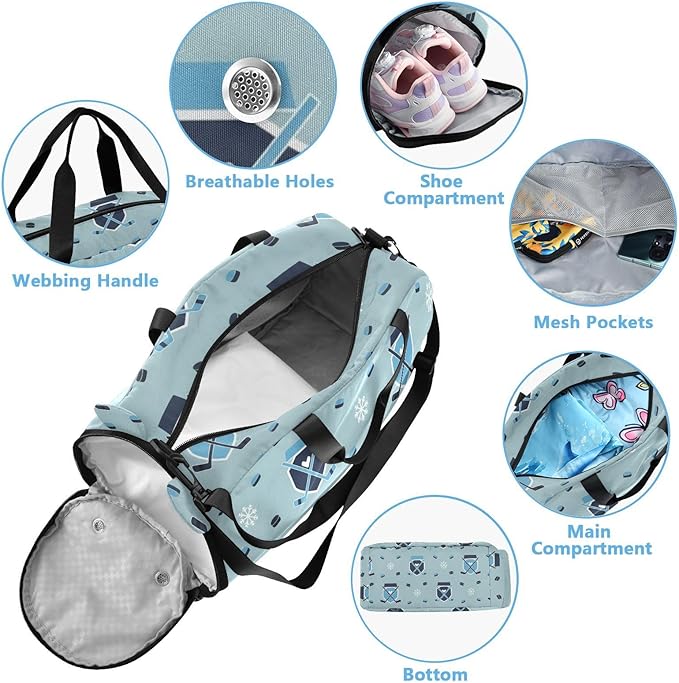 Winter Sports Hockey Blue Print Kids Sports Duffle Bag for Boys Girls Toddler Weekender Overnight Bag with Shoe Compartment & Wet Pocket Travel Foldable Bag for Travel Sport Gym Dance